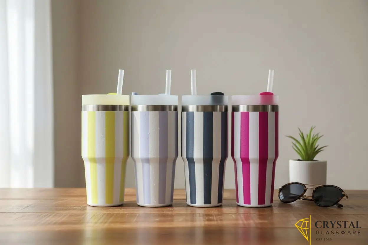 Pastel striped stainless steel vacuum tumblers with matching lids straws